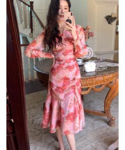 silk wrinkled flower fashionable age reduction slimming dress | 8005 - Image 4