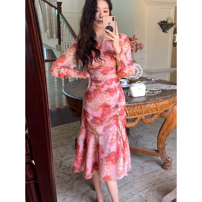 silk wrinkled flower fashionable age reduction slimming dress | 8005 - Image 4