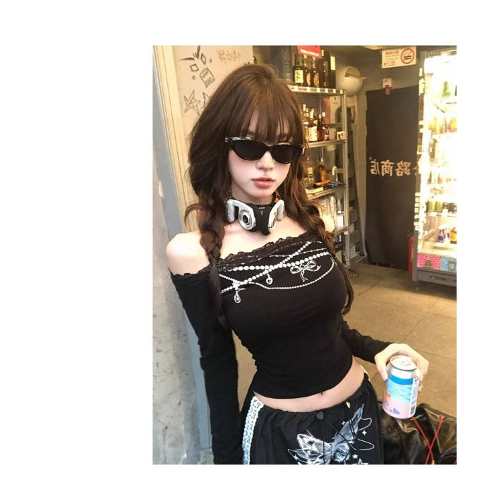 women's long sleeve slim cropped top white black | 9017 - Image 10