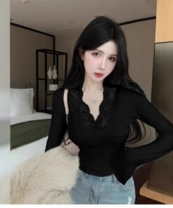 Deep V-neck lace stitching white knitted base shirt women's | 9018 - Image 4
