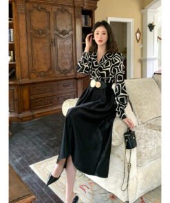 new temperament stitched satin fashion dress with belt | 8009 - Image 5