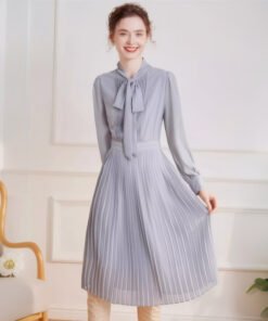 Diamond Imitation Chain Simple Pressed Pleated Long Skirt Long Sleeve Dress | 8010 - Image 11