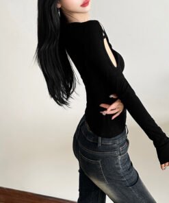 new women's temperament commuter mesh structure hollow solid color trim top | 9010 - Image 4