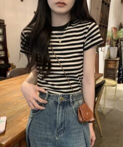 Sense Short Sleeve T-Shirt Women's American Retro Student Trim Top | 9001 - Image 7