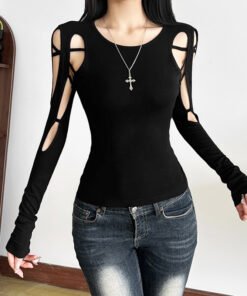 Alternative view of new women's temperament commuter mesh structure hollow solid color trim top | 9010