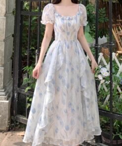 First love, French square neck, romantic floral chiffon dress, | 8020 - Image 4