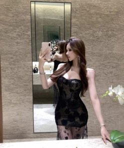 Black Sheer Lace Sequin Bandeau Dress | 8002 - Image 7