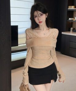 Alternative view of Babes Sexy Off-the-shoulder Lace Splicing Fake Two Trim Tops Woman | 9012