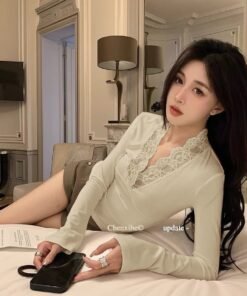Deep V-neck lace stitching white knitted base shirt women's | 9018 - Image 8