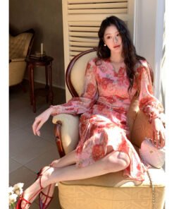 silk wrinkled flower fashionable age reduction slimming dress | 8005 - Image 6