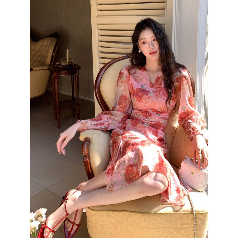 silk wrinkled flower fashionable age reduction slimming dress | 8005 - Image 10