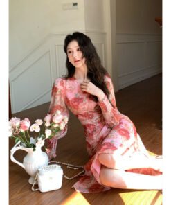 silk wrinkled flower fashionable age reduction slimming dress | 8005 - Image 5