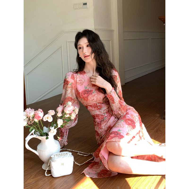 silk wrinkled flower fashionable age reduction slimming dress | 8005 - Image 5