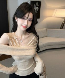 Babes Sexy Off-the-shoulder Lace Splicing Fake Two Trim Tops Woman | 9012 - Image 7