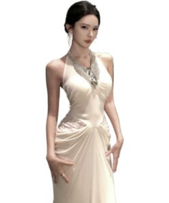 Heavy Beaded Halter Neck Dress Women's Autumn Lace Splicing Long Skirt | 1129 - Image 5