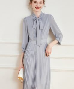Diamond Imitation Chain Simple Pressed Pleated Long Skirt Long Sleeve Dress | 8010 - Image 5