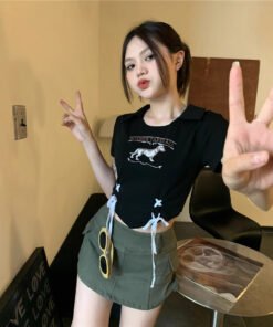 versatile letter print puppy pullover drawstring cropped crop top shirt tide | 9007 - Image 5