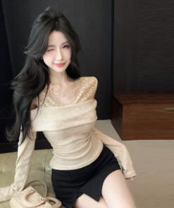 Babes Sexy Off-the-shoulder Lace Splicing Fake Two Trim Tops Woman | 9012 - Image 3