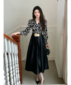 Alternative view of new temperament stitched satin fashion dress with belt | 8009