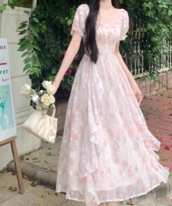 Alternative view of First love, French square neck, romantic floral chiffon dress, | 8020