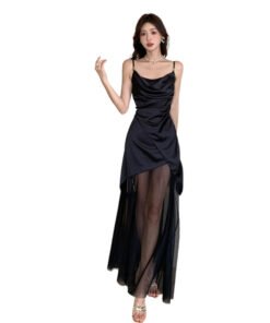 mesh panels pleated irregular slim maxi skirt | 8022 - Image 5