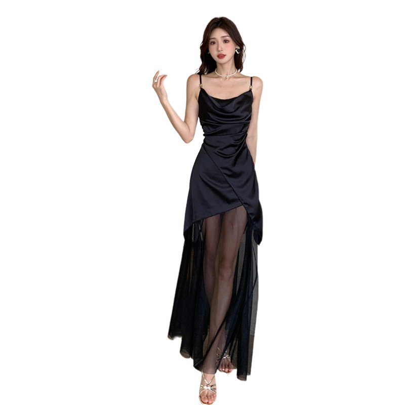 mesh panels pleated irregular slim maxi skirt | 8022 - Image 5