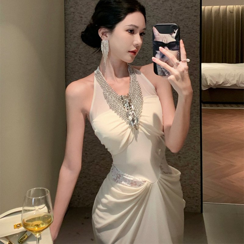 Heavy Beaded Halter Neck Dress Women's Autumn Lace Splicing Long Skirt | 1129