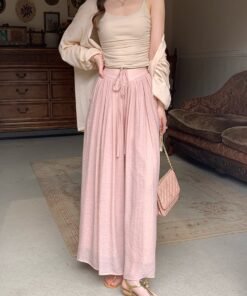 solid color tie-up high waist, thin pleated pants, draped wide leg pants, slacks, sweet | 7009 - Image 8