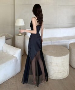 mesh panels pleated irregular slim maxi skirt | 8022 - Image 4