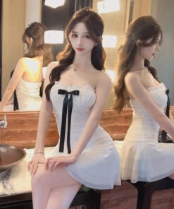 sexy bow splicing mesh wrap hip bandeau dress women | 8026 - Image 4