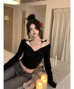 Sexy Bow Stitching V-neck Long Sleeve T-Shirt | 9005 - Image 6