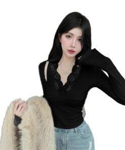 Deep V-neck lace stitching white knitted base shirt women's | 9018 - Image 5