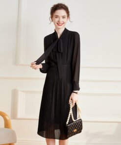 Diamond Imitation Chain Simple Pressed Pleated Long Skirt Long Sleeve Dress | 8010 - Image 7