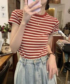 Sense Short Sleeve T-Shirt Women's American Retro Student Trim Top | 9001 - Image 4