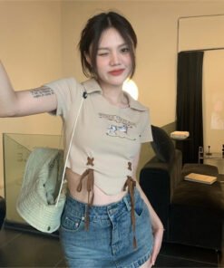 versatile letter print puppy pullover drawstring cropped crop top shirt tide | 9007 - Image 4