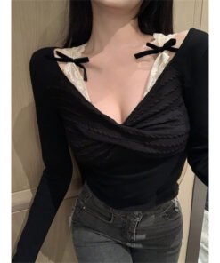 Sexy Bow Stitching V-neck Long Sleeve T-Shirt | 9005 - Image 5