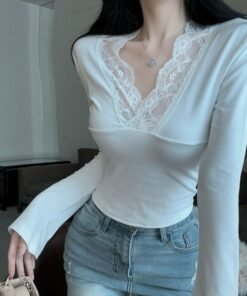 Deep V-neck lace stitching white knitted base shirt women's | 9018 - Image 3