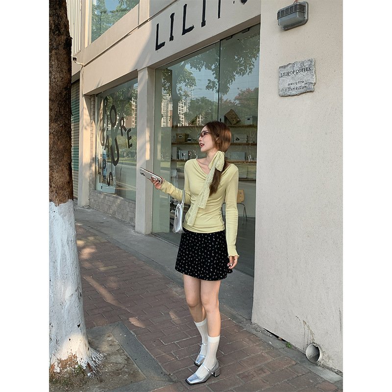 Pure desire, swing tie, neck, waist cinching, thin, irregular long-sleeved T-shirt | 9022 - Image 5