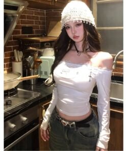 women's long sleeve slim cropped top white black | 9017 - Image 3