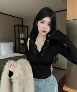 Deep V-neck lace stitching white knitted base shirt women's | 9018 - Image 6
