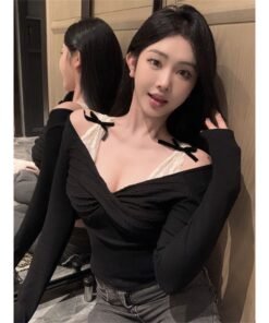 Sexy Bow Stitching V-neck Long Sleeve T-Shirt | 9005