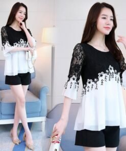 Alternative view of lace splicing chiffon shirt fat mm trumpet sleeve top | 1175
