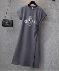 Casual mid-length slit slim slim short sleeve t-shirt skirt | 1179 - Image 15