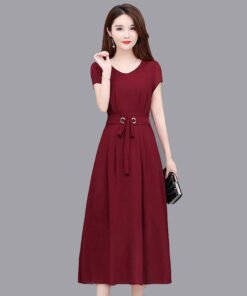 short sleeve mid-length over knee mid-length skirt with belt slim fit A-line skirt | 1178 - Image 22