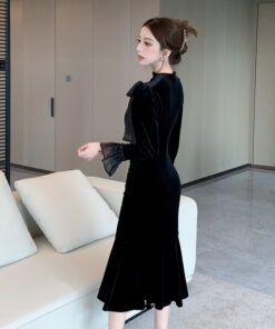High-end exquisite temperament lady bow heavy nail diamond trumpet sleeve fishtail little black dress | 1157 - Image 3