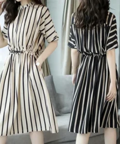 waist temperament fashion casual loose mid-length vertical stripe dress | 1145