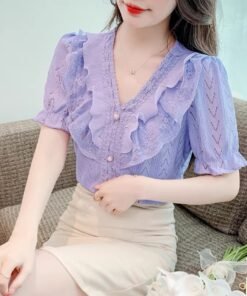 French women's puff sleeve chiffon shirt Chiffon shirt short | 1187 - Image 3