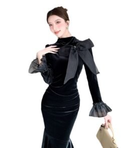 High-end exquisite temperament lady bow heavy nail diamond trumpet sleeve fishtail little black dress | 1157 - Image 5
