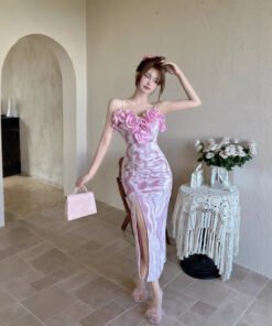 French temperament socialite sexy flower stitching long slit velvet suspenders dress | 1154 - Image 6