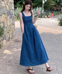 Blue Mist Love: French Denim Dress Waist Temperament, Slip Long Skirt | 1136 - Image 3